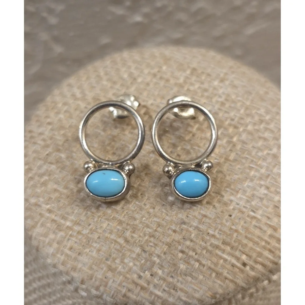 Genuine Native American Sterling Silver & Turquoise Door Knocker Dangle Earrings